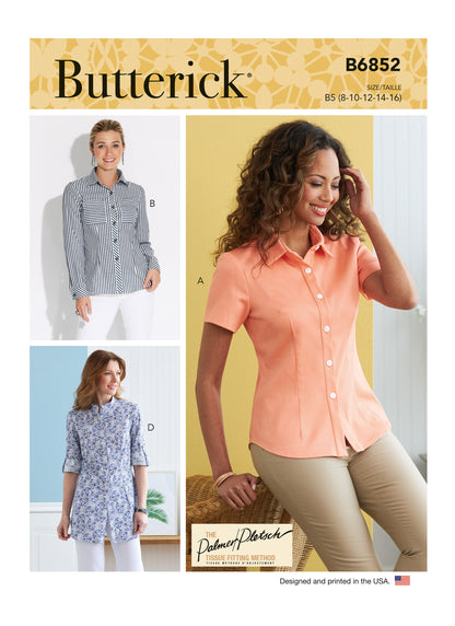 Butterick B6852 sewing pattern envelope showing women's semi-fitted shirt designs