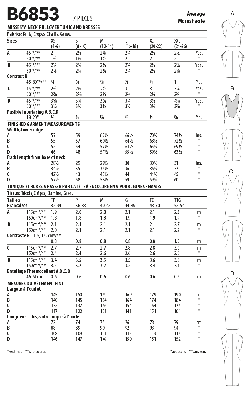 Butterick B6853 sewing pattern envelope showing women's loose tunic & dress designs