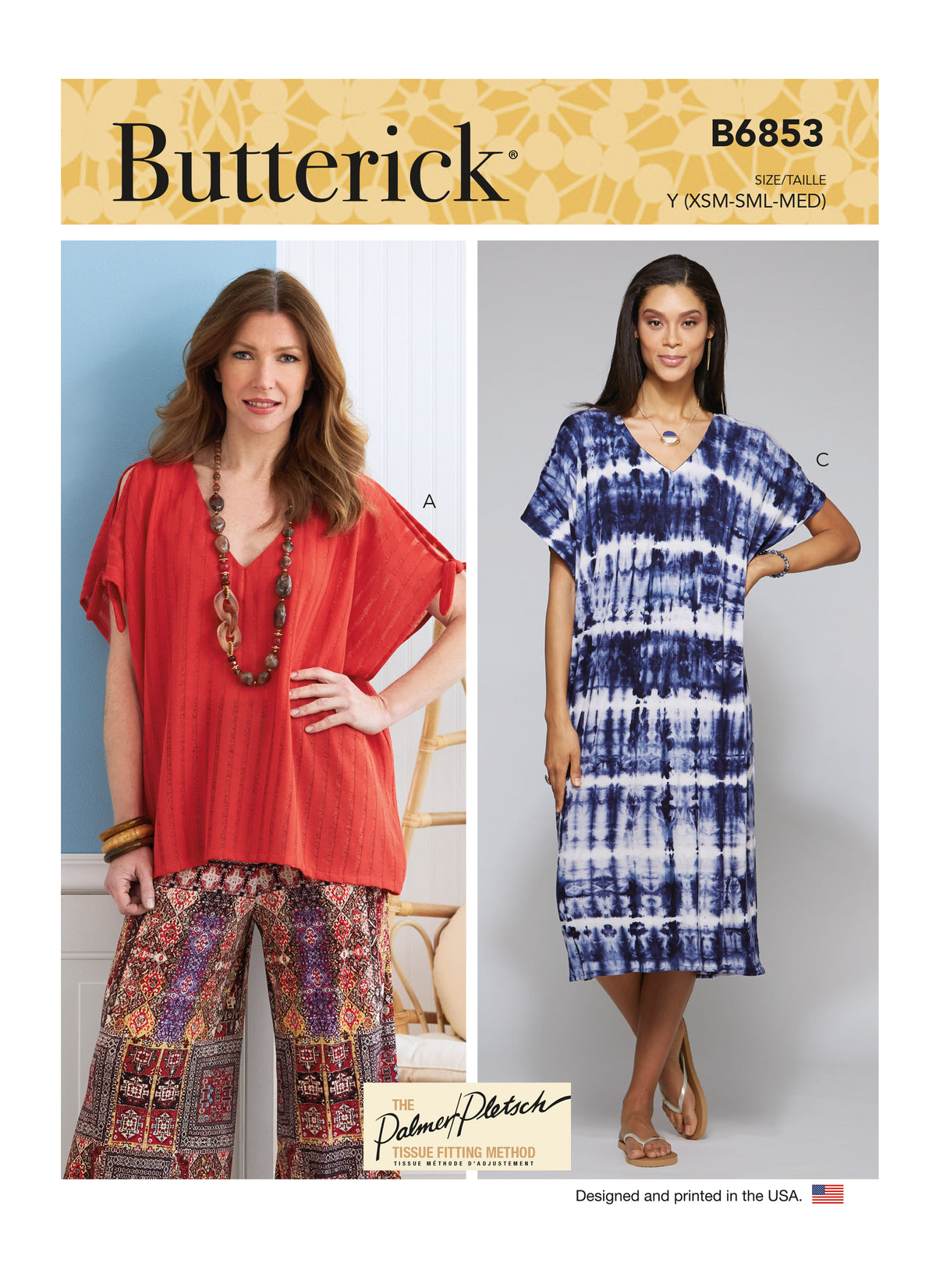 Butterick B6853 sewing pattern envelope showing women's loose tunic & dress designs