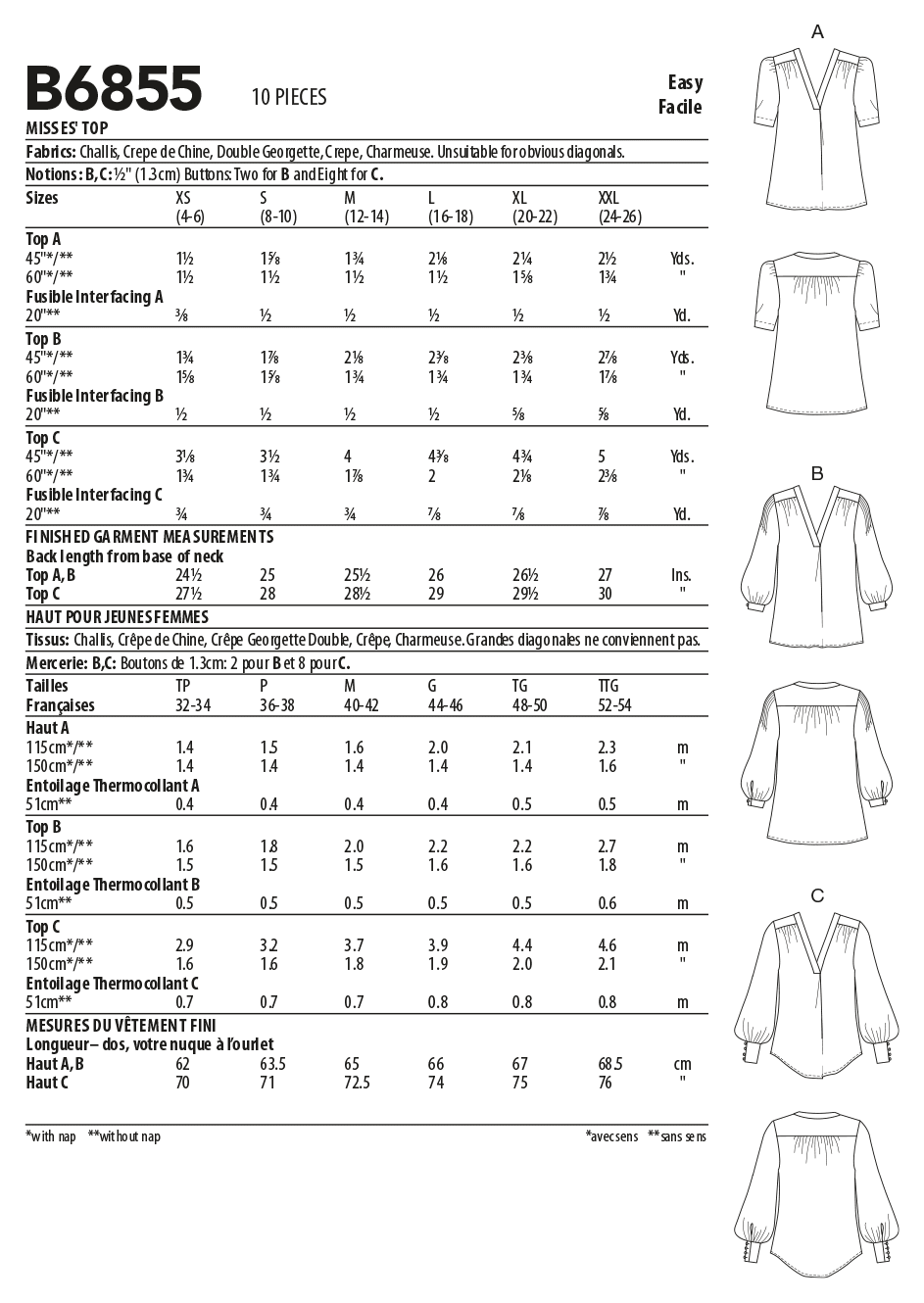 Butterick B6855 sewing pattern envelope showing women's v-neck top designs