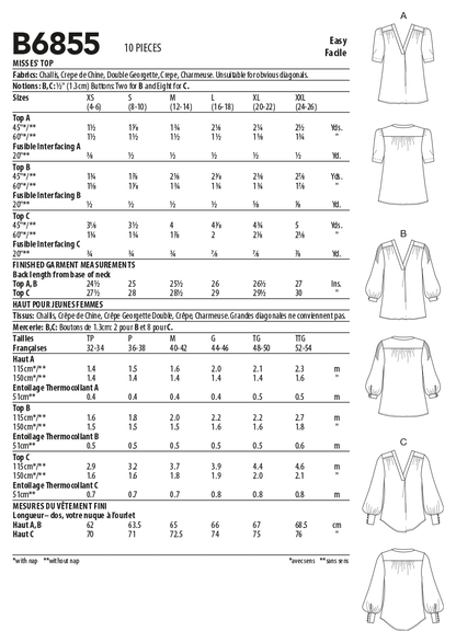 Butterick B6855 sewing pattern envelope showing women's v-neck top designs