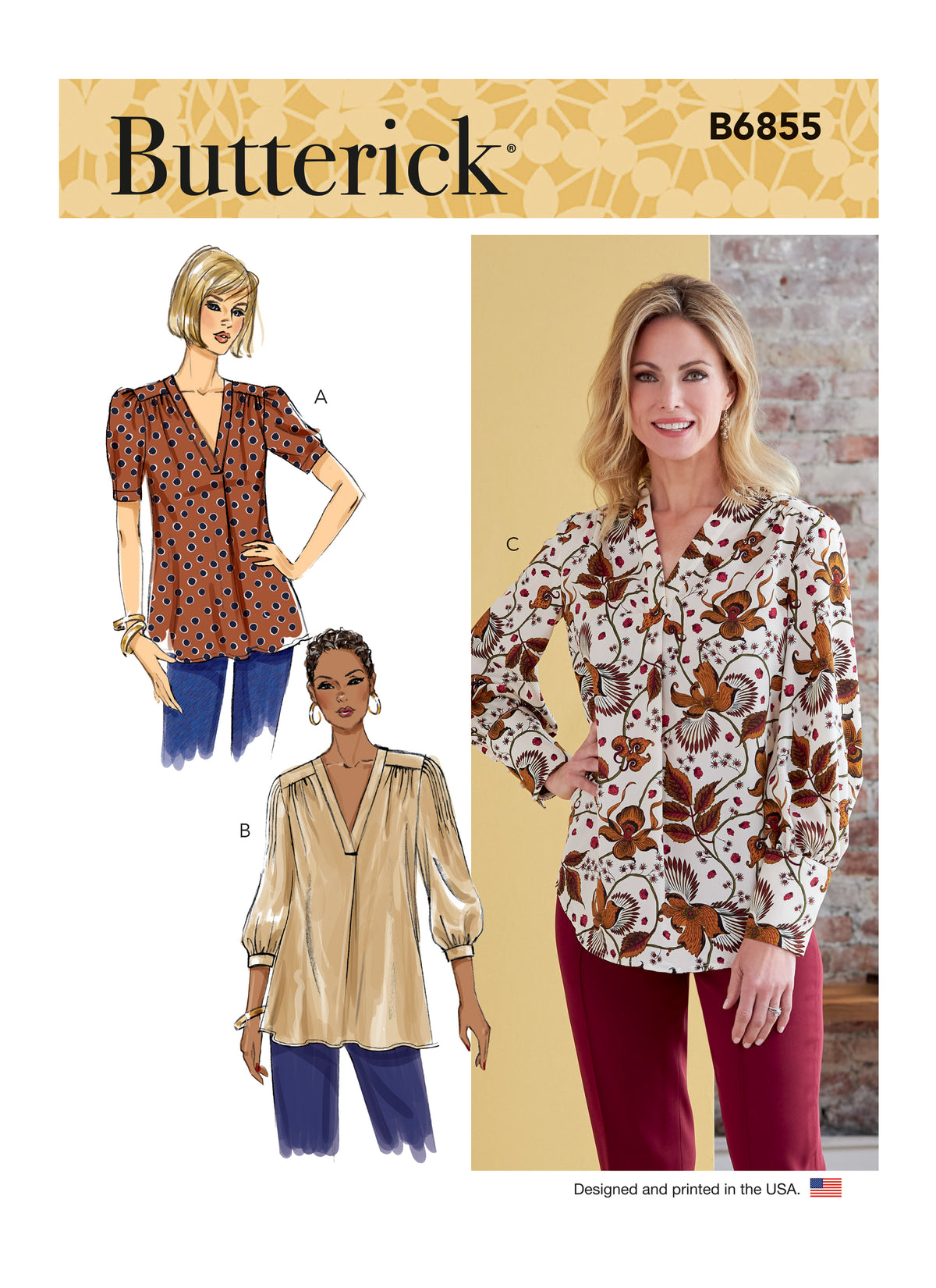 Butterick B6855 sewing pattern envelope showing women's v-neck top designs