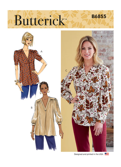 Butterick B6855 sewing pattern envelope showing women's v-neck top designs