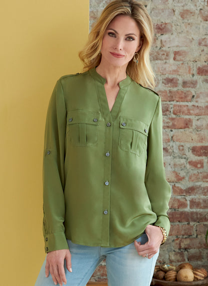 Butterick B6856 sewing pattern envelope showing women's button front top with pockets designs