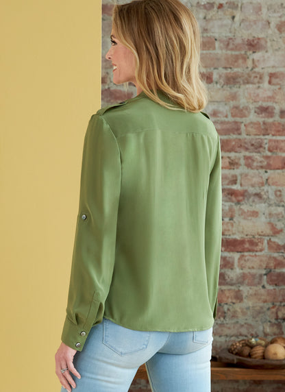 Butterick B6856 sewing pattern envelope showing women's button front top with pockets designs