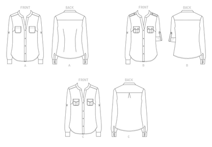 Butterick B6856 sewing pattern envelope showing women's button front top with pockets designs