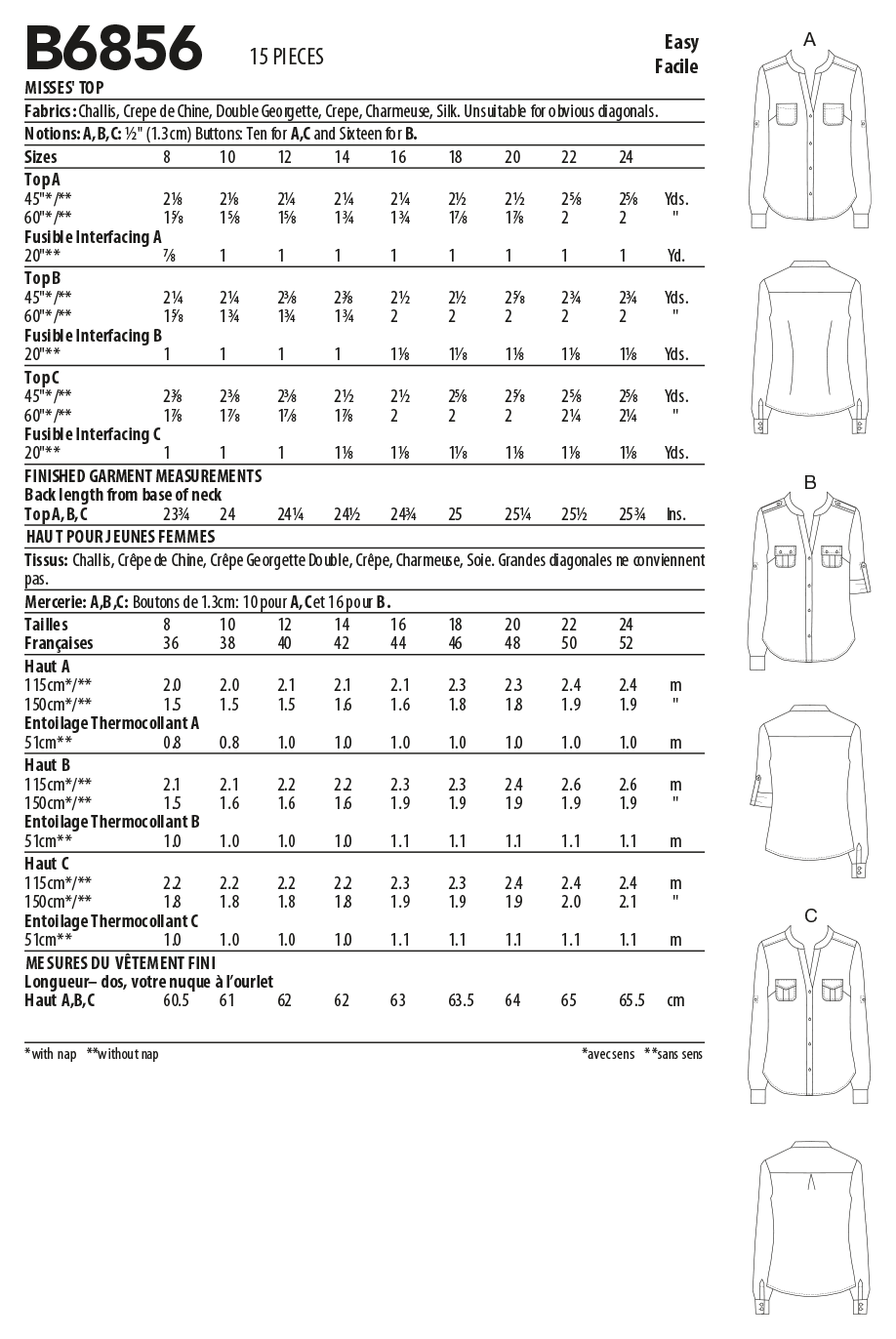 Butterick B6856 sewing pattern envelope showing women's button front top with pockets designs