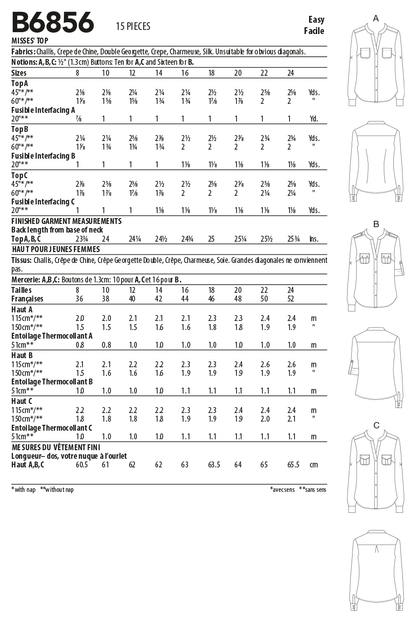 Butterick B6856 sewing pattern envelope showing women's button front top with pockets designs