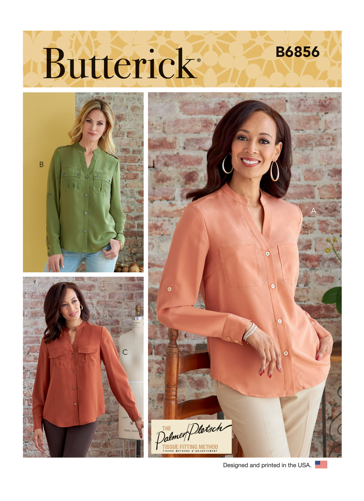 Butterick B6856 sewing pattern envelope showing women's button front top with pockets designs