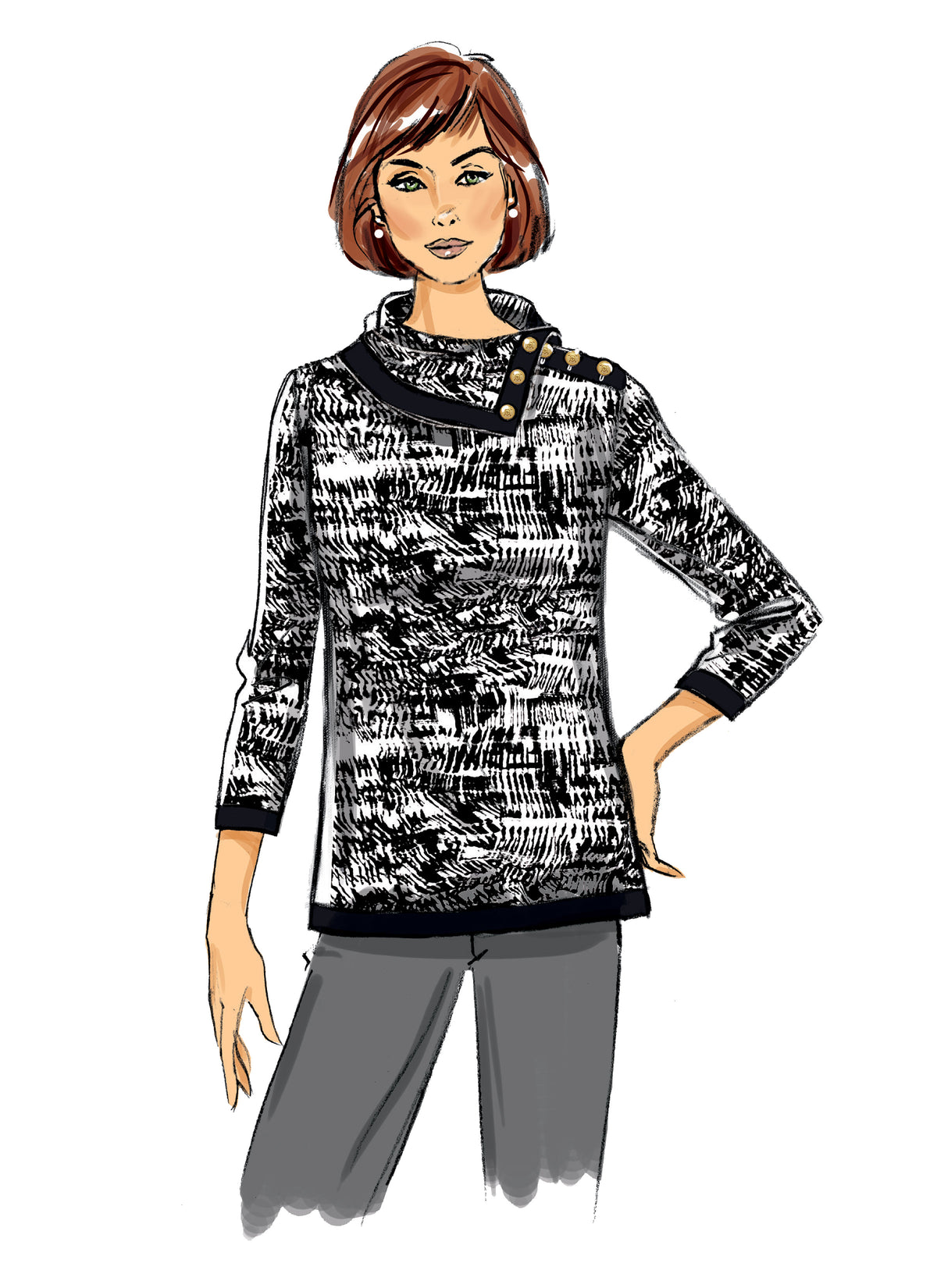 Butterick B6857 sewing pattern envelope showing women's pullover top designs