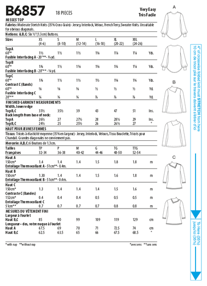 Butterick B6857 sewing pattern envelope showing women's pullover top designs