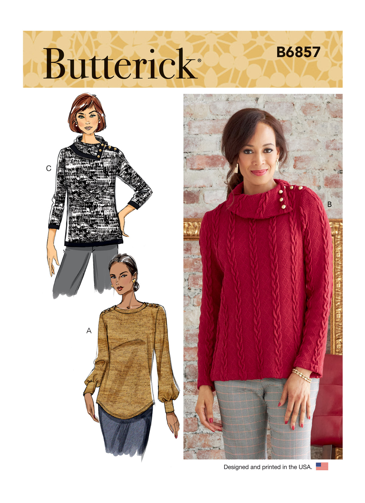 Butterick B6857 sewing pattern envelope showing women's pullover top designs
