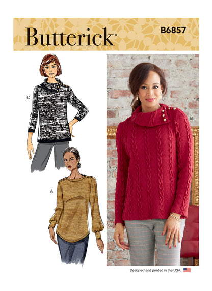 Butterick B6857 sewing pattern envelope showing women's pullover top designs