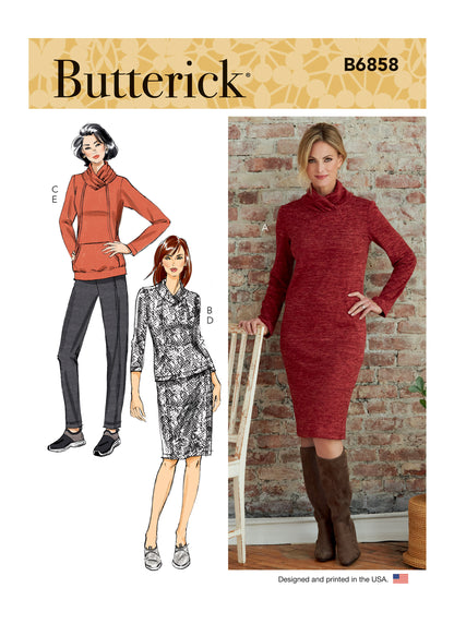 Butterick B6858 sewing pattern envelope showing women's princess seam dress & top designs