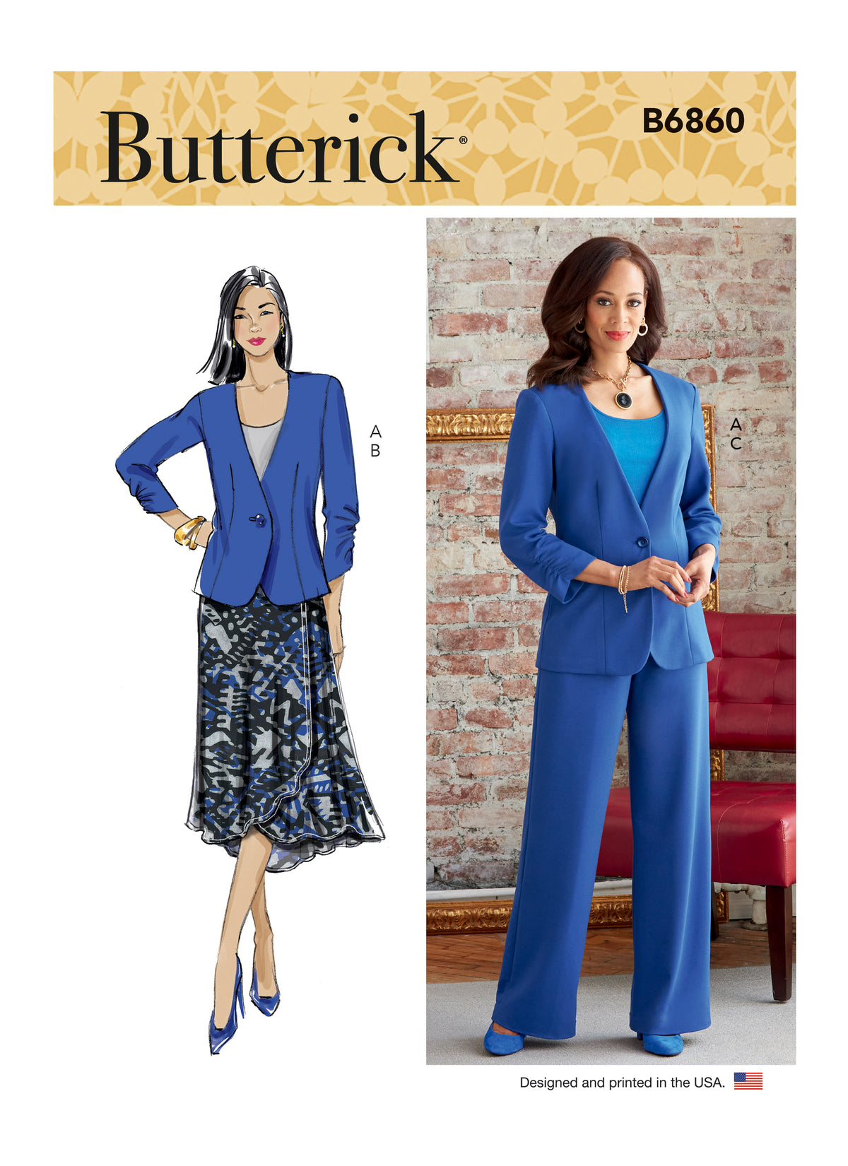 Butterick B6860 sewing pattern envelope showing women's one button jacket designs