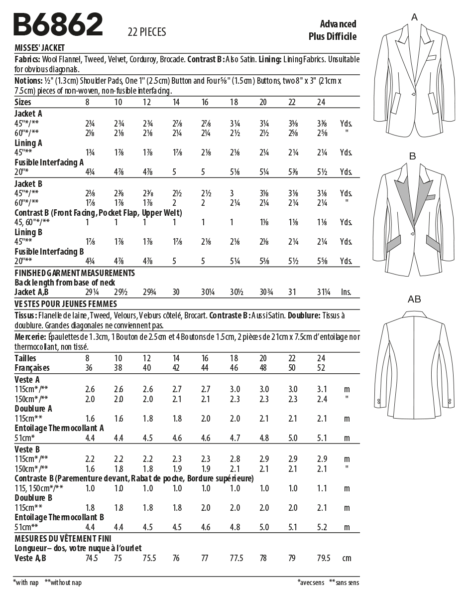 Butterick B6862 sewing pattern envelope showing misses' notched collar jacket designs