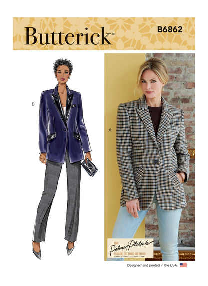 Butterick B6862 sewing pattern envelope showing misses' notched collar jacket designs