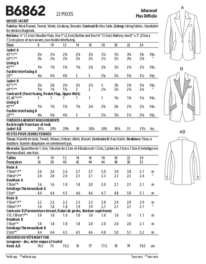 Butterick B6862 sewing pattern envelope showing misses' notched collar jacket designs