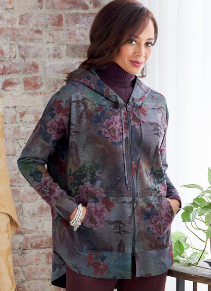 Butterick B6863 sewing pattern envelope showing misses' zip front hooded jacket designs