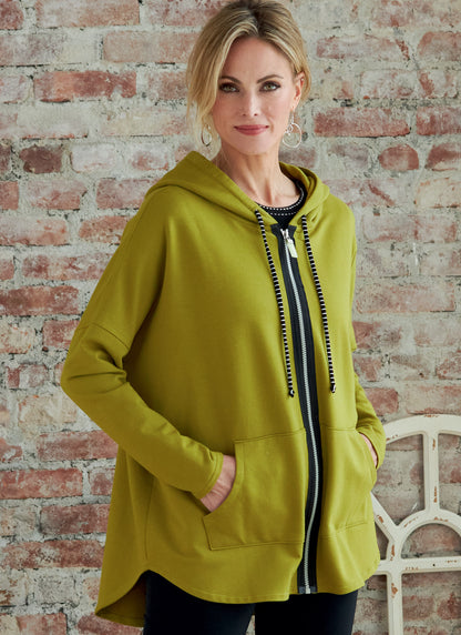 Butterick B6863 sewing pattern envelope showing misses' zip front hooded jacket designs
