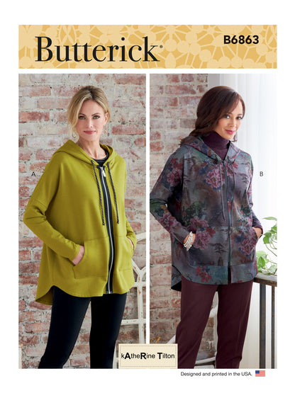 Butterick B6863 sewing pattern envelope showing misses' zip front hooded jacket designs