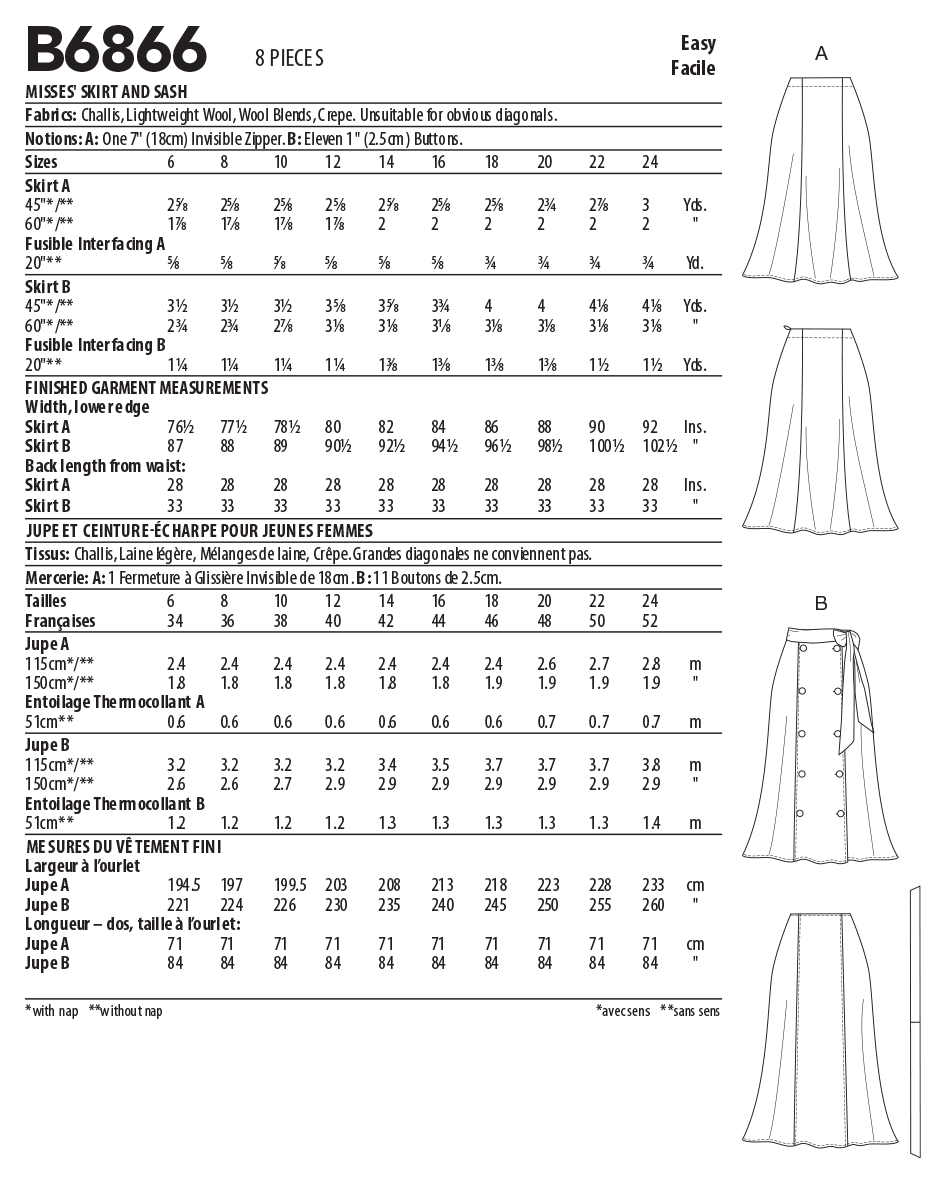 Butterick B6866 sewing pattern envelope showing misses' princess seam skirt designs