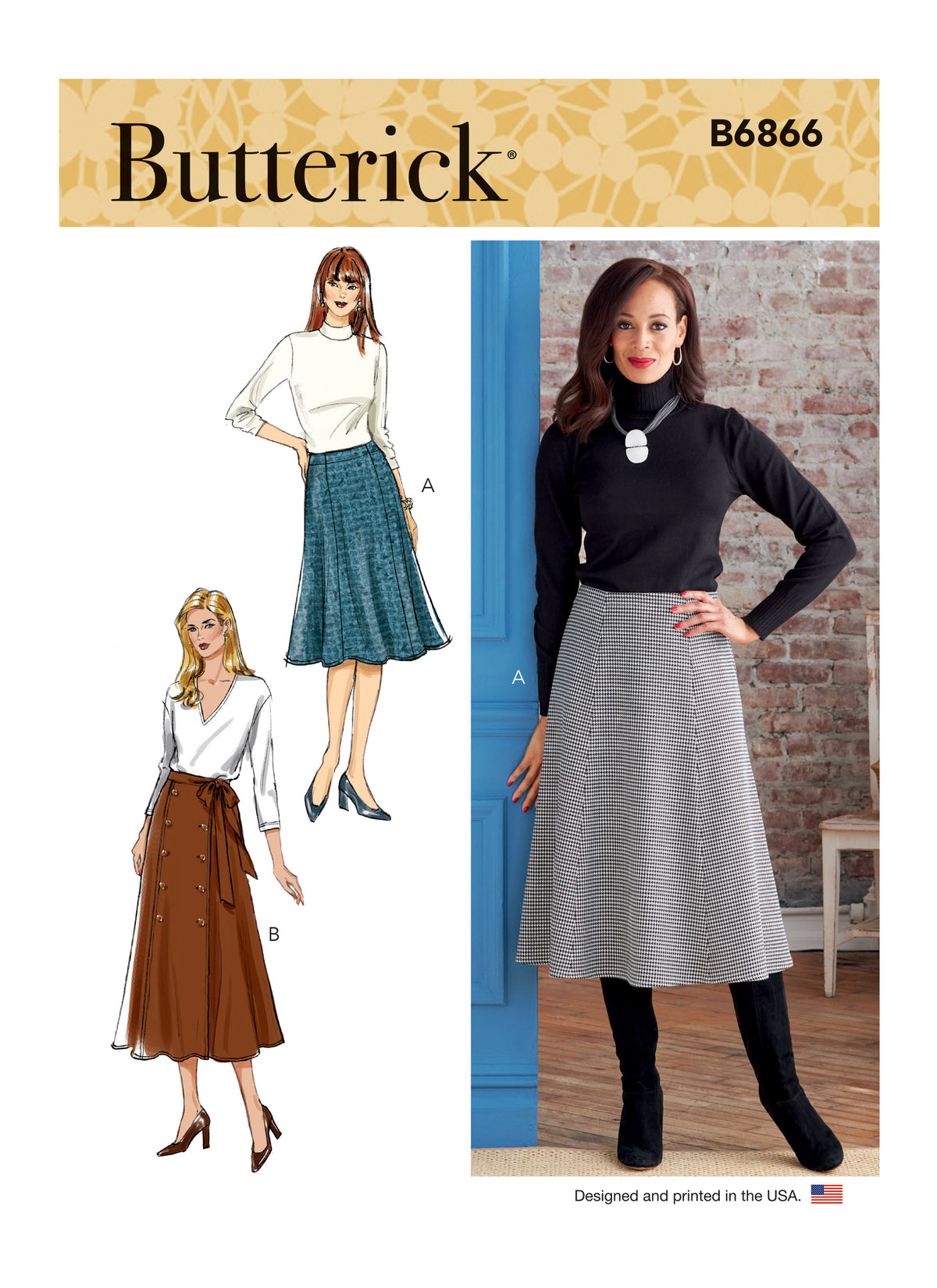 Butterick B6866 sewing pattern envelope showing misses' princess seam skirt designs