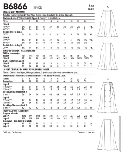 Butterick B6866 sewing pattern envelope showing misses' princess seam skirt designs