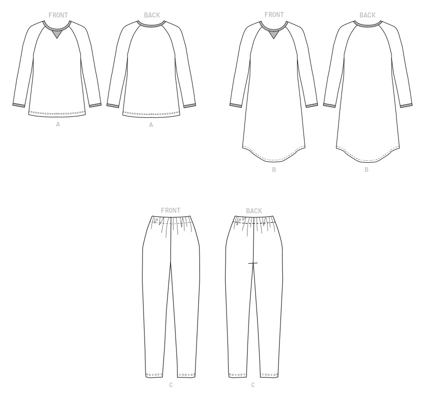 Butterick B6867 sewing pattern envelope showing unisex loungewear top, tunic and trousers designs