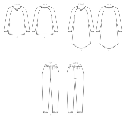 Butterick B6867 sewing pattern envelope showing unisex loungewear top, tunic and trousers designs