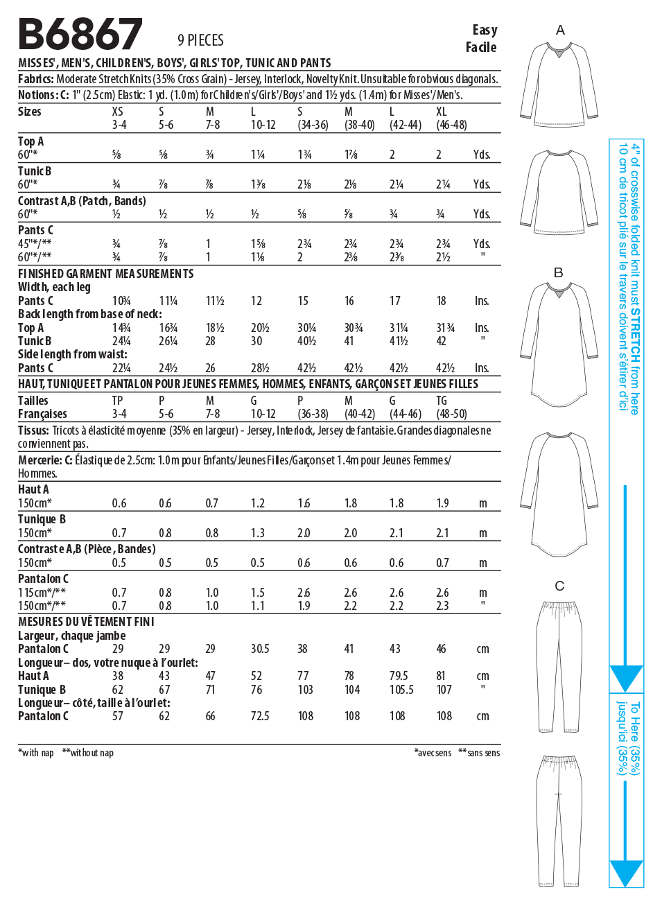 Butterick B6867 sewing pattern envelope showing unisex loungewear top, tunic and trousers designs