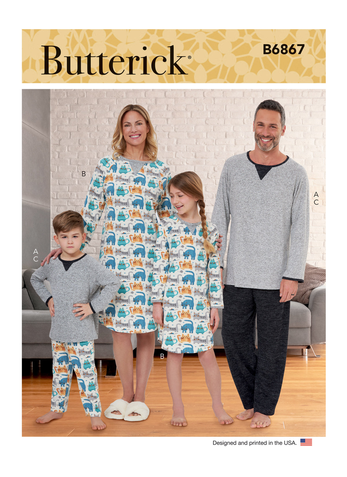 Butterick B6867 sewing pattern envelope showing unisex loungewear top, tunic and trousers designs