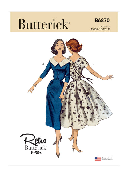 Butterick B6870 sewing pattern envelope showing misses' cape collar dress designs