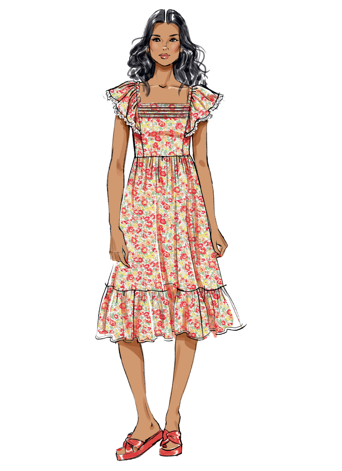 Butterick B6872 sewing pattern envelope showing misses' high waist square neck dress designs