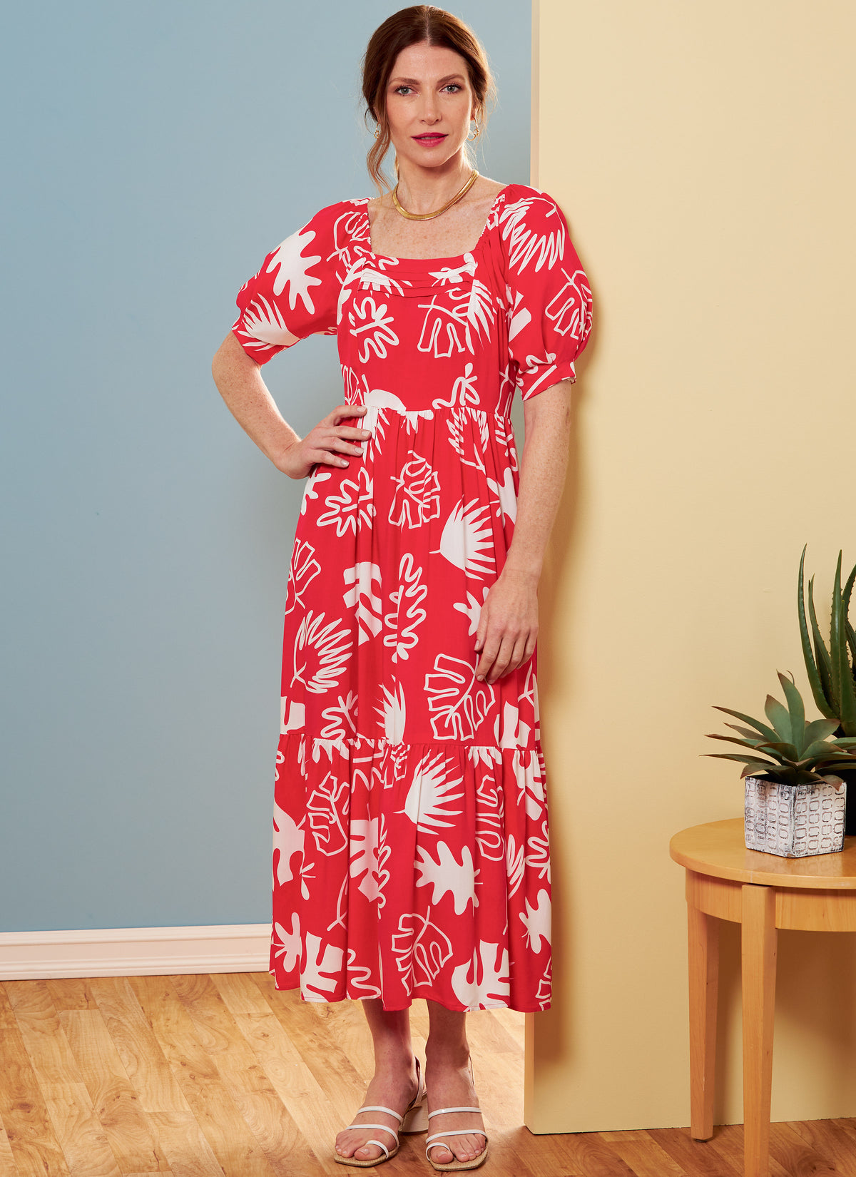 Butterick B6872 sewing pattern envelope showing misses' high waist square neck dress designs