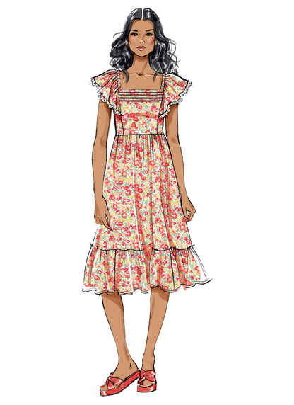 Butterick B6872 sewing pattern envelope showing misses' high waist square neck dress designs