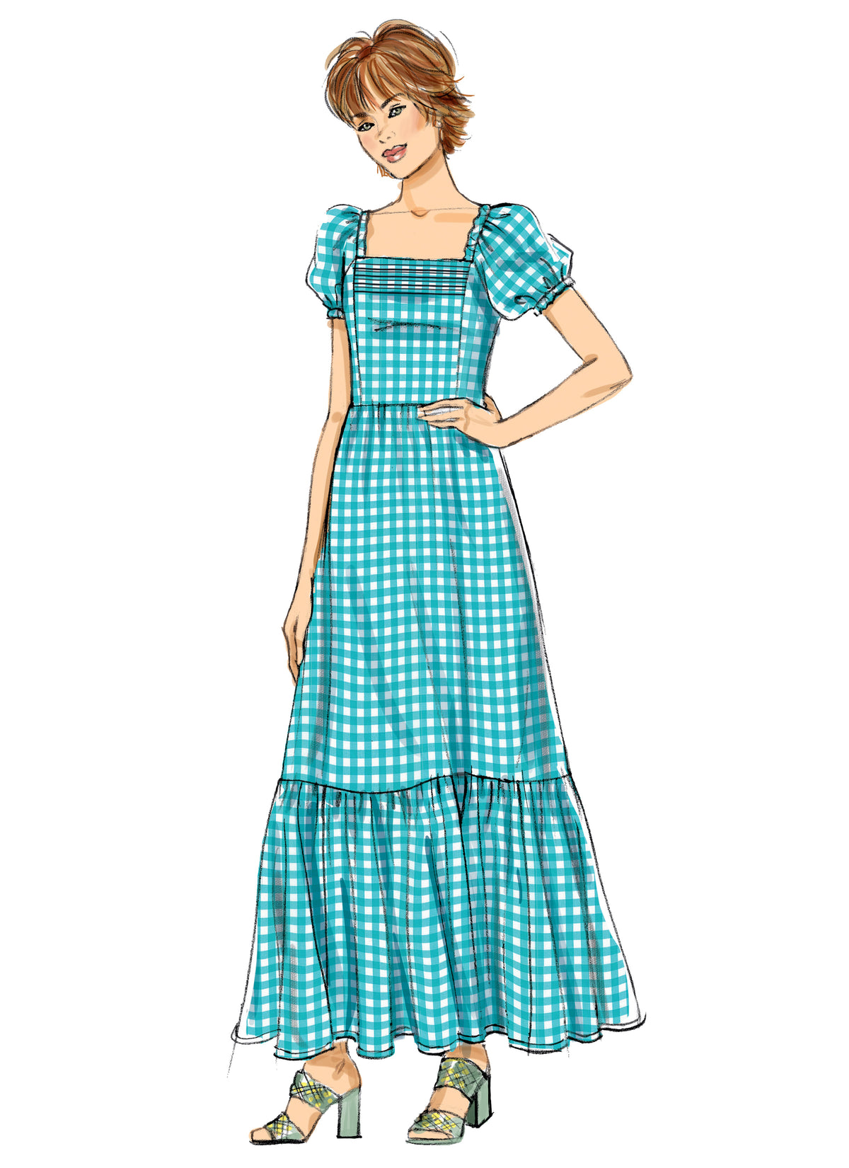 Butterick B6872 sewing pattern envelope showing misses' high waist square neck dress designs