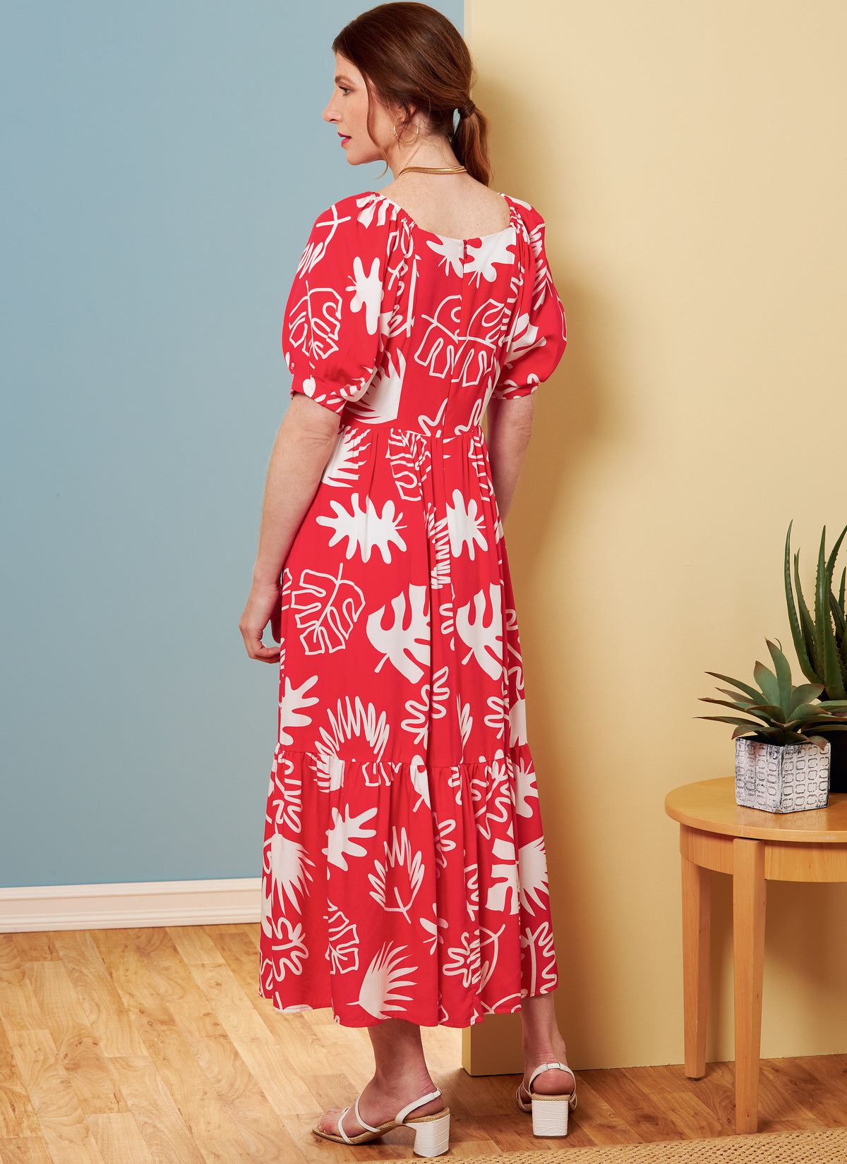 Butterick B6872 sewing pattern envelope showing misses' high waist square neck dress designs