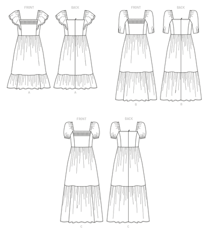 Butterick B6872 sewing pattern envelope showing misses' high waist square neck dress designs