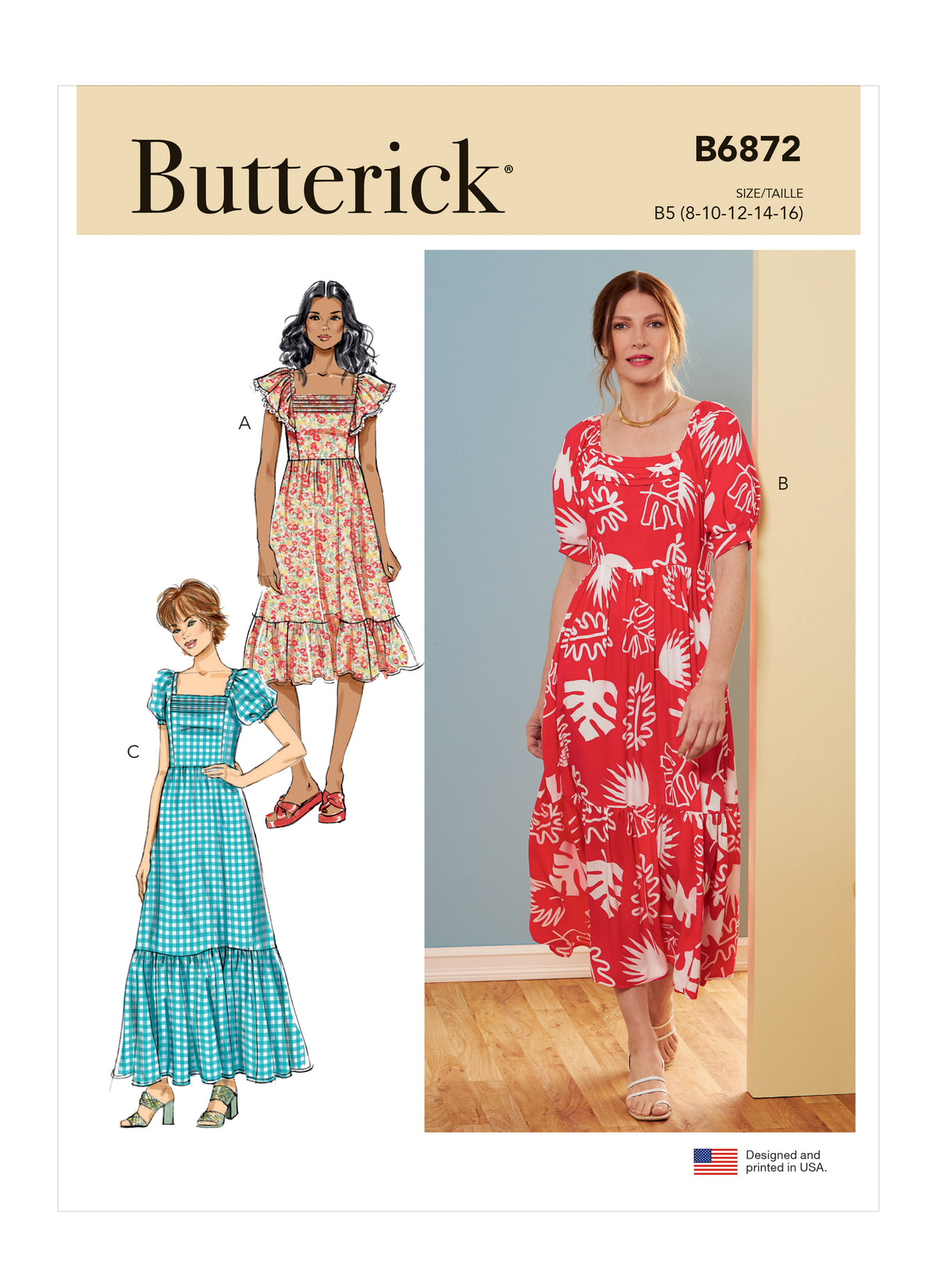 Butterick B6872 sewing pattern envelope showing misses' high waist square neck dress designs