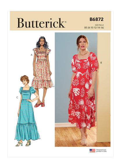 Butterick B6872 sewing pattern envelope showing misses' high waist square neck dress designs
