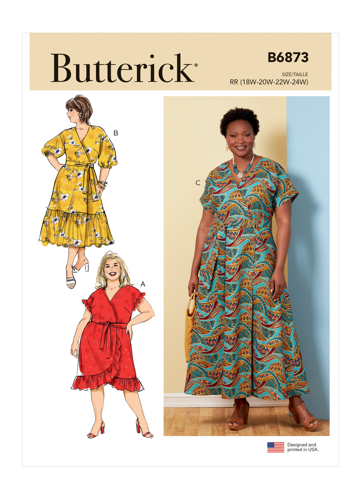 Butterick B6873 sewing pattern envelope showing women's wrap dress designs