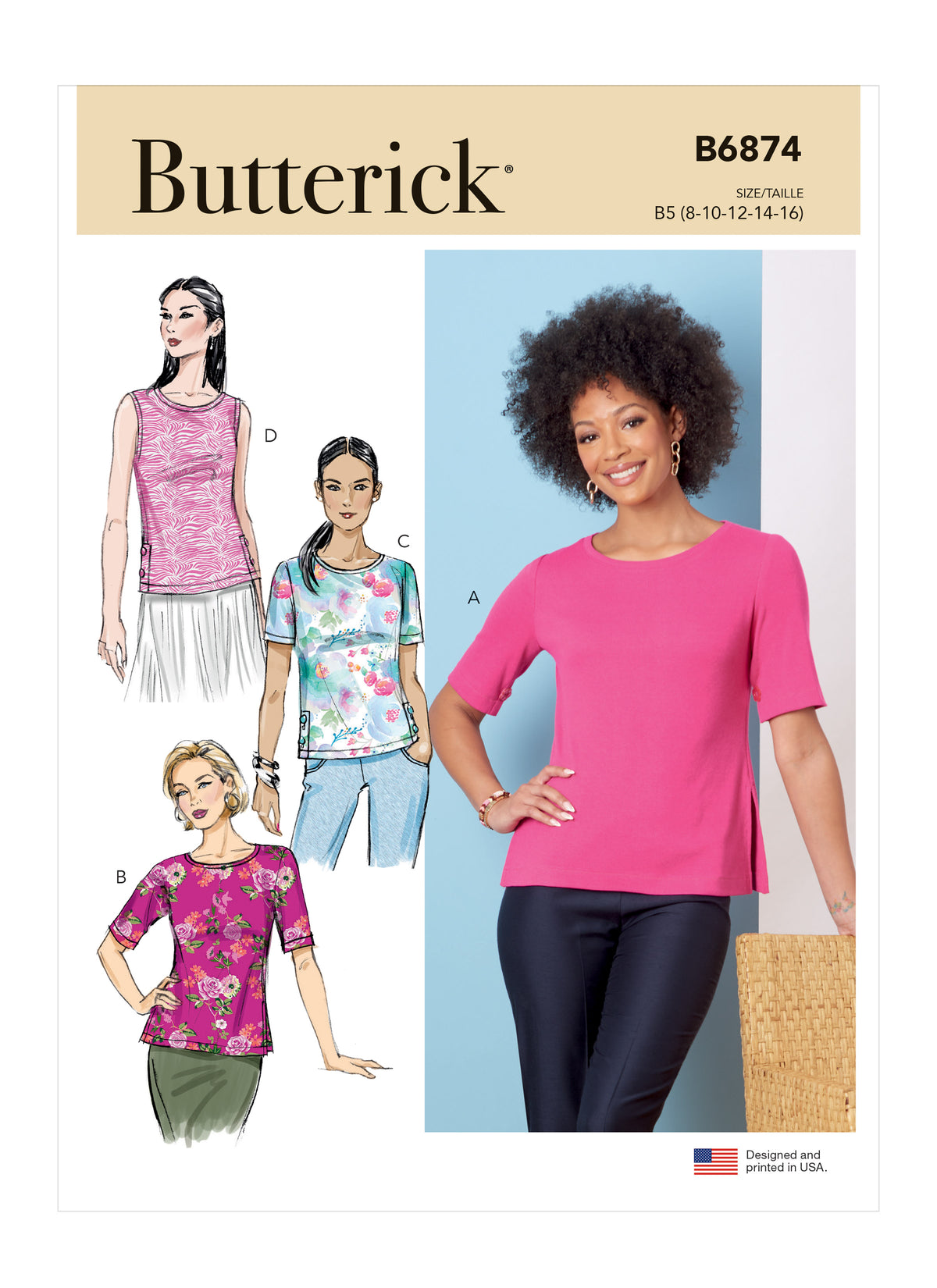 Butterick B6874 sewing pattern envelope showing misses' stretch knit t-shirt designs