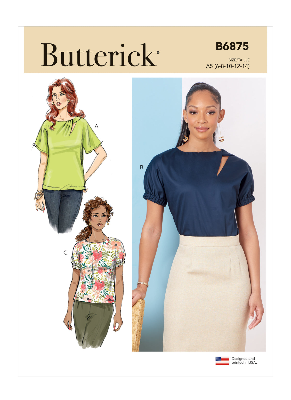 Butterick B6875 sewing pattern envelope showing misses' draped neck dolman top designs