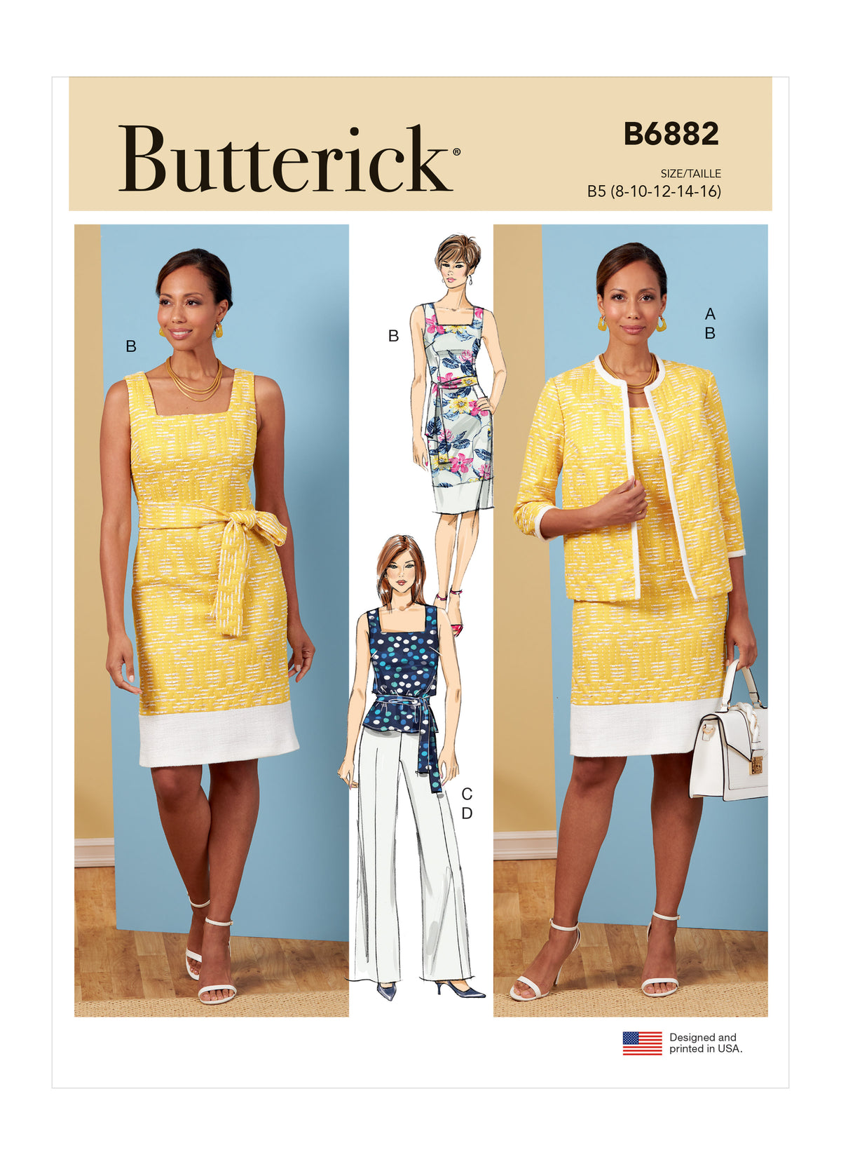 Butterick B6882 sewing pattern envelope showing misses' lined open front jacket designs
