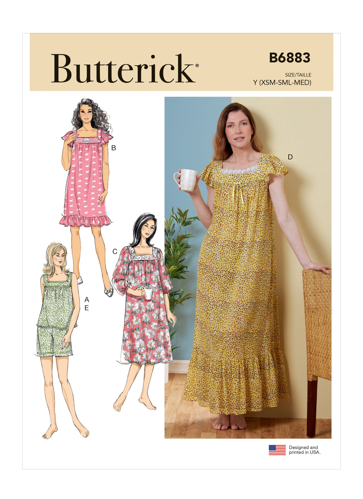 Butterick B6883 sewing pattern envelope showing misses' sleepwear top and nightdress designs