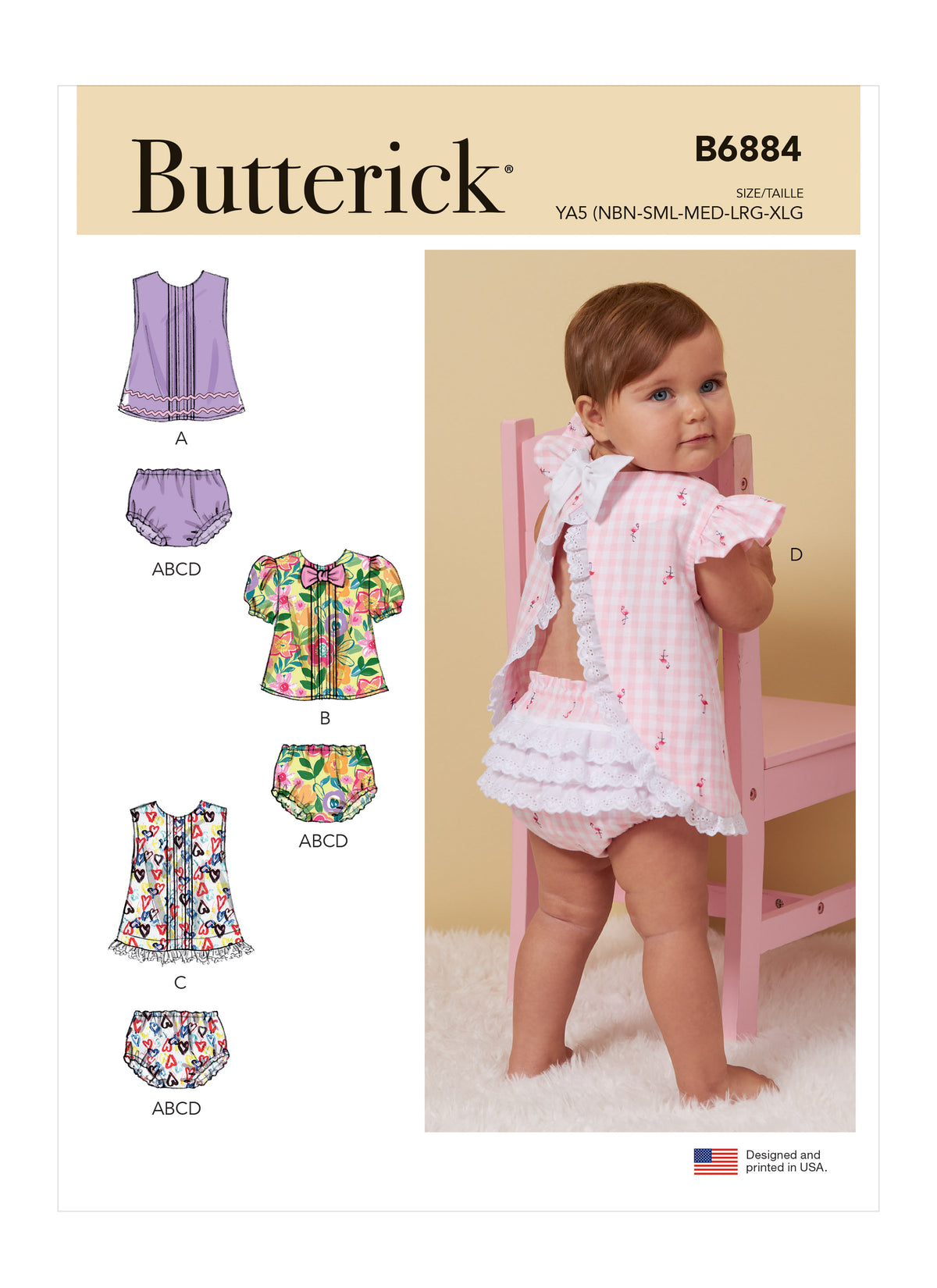Butterick B6884 sewing pattern envelope showing baby a-line top designs