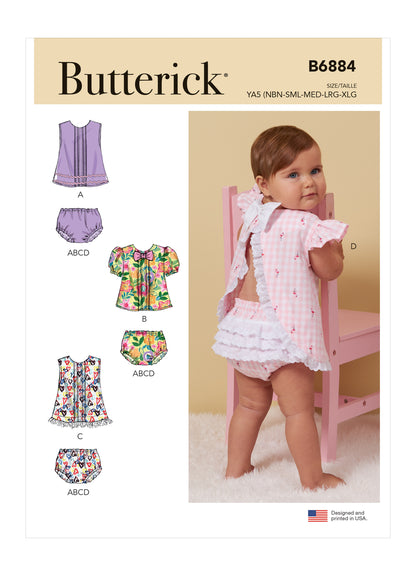 Butterick B6884 sewing pattern envelope showing baby a-line top designs