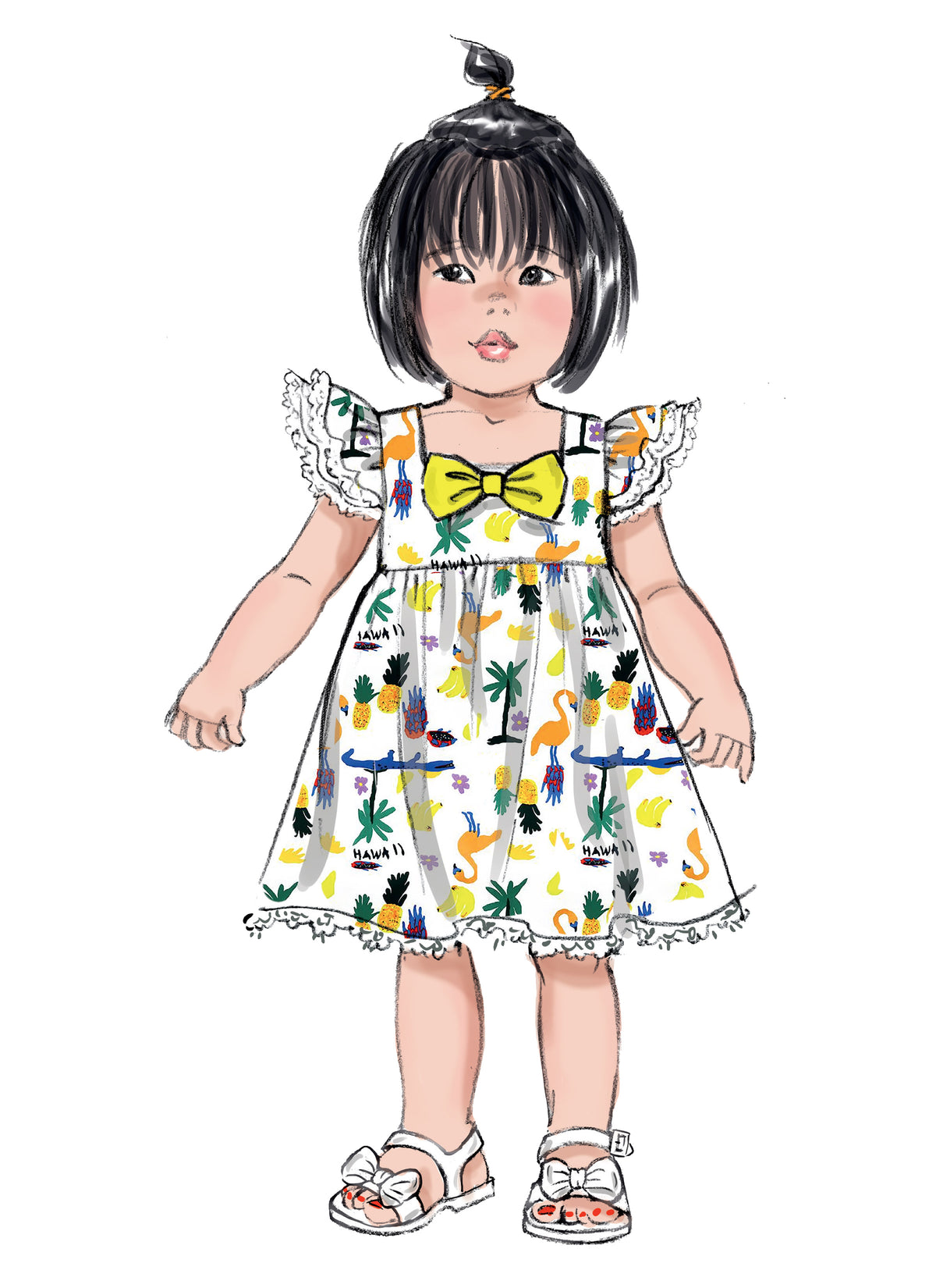 Butterick B6885 sewing pattern envelope showing toddler high waist dress designs