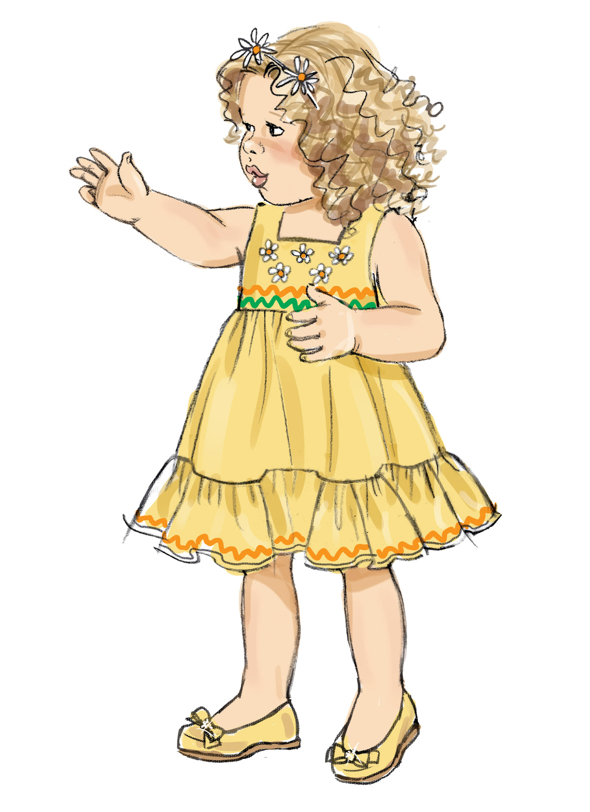 Butterick B6885 sewing pattern envelope showing toddler high waist dress designs